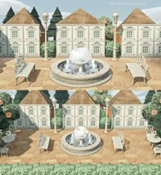 an artist's rendering of a house with a fountain in the center and chairs around it