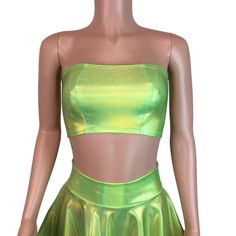 Stretch lime green holograph mystique tube top. This tube top is sewn to fit your curves and not flatten you out, while fitting snug enough to stay up :) Powerpuff Girls Costume, Green Tube Top, Tube Top And Shorts, Velvet Mini Skirt, Tube Tops, Festival Clothing, Rave Wear, Cropped Tube Top, Stay Up