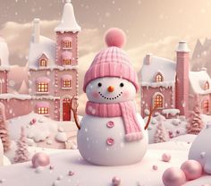 a snowman with a pink hat and scarf standing in front of a snowy village