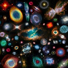 an image of many different colored objects in the sky with stars and planets around them