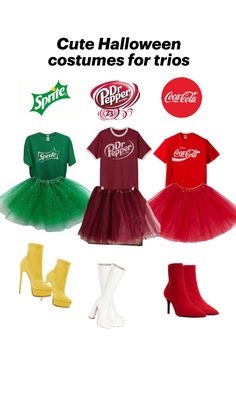 three different costumes for girls with coca colas on the front and bottom, one in red