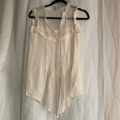 In Excellent Condition. New With Tag . A Ivory 100% Silk Sheer Blouse With Ruffled Trim Pleated Details. Measures 18.5” Wide Armpit To Armpit 19” Wide Waist 25” Long Length Ruffle Trim Top, Ruffle Tank Top, Black And White Shirt, Wide Waist, Cowl Neck Top, Trim Top, Lace Inset, Polka Dot Blouse, Light Sweater