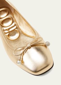 Jimmy Choo Elme Metallic Bow Ballerina Flats - Bergdorf Goodman Luxury Gold Ballet Flats, Luxury Gold Flats For Evening, White Ballerina Flats, Gold Shoes Flats, Jimmy Choo Flats, Gold Ballet Flats, Metallic Flats, Shoes Photography, Shoe Boutique