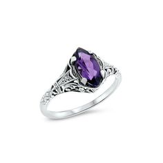 Vintage Estate Lab Created Marquise Cut Amethyst Solitaire Filigree Ring. 925 Solid Sterling Silver. Stamped 925. Excellent Condition/Like New. Classic Amethyst Birthstone Ring In White Gold, Classic White Gold Amethyst Ring, Classic Sterling Silver Amethyst Ring With Center Stone, Heirloom Style Amethyst Ring In Sterling Silver, Classic Amethyst Crystal Ring For Formal Occasions, Classic Amethyst Crystal Formal Ring, Classic Purple Filigree Jewelry, Classic Silver Amethyst Ring With Filigree, Classic Silver Filigree Amethyst Ring