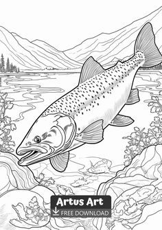 a fish that is floating in the water with mountains and trees behind it, coloring page