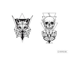 three different types of animals with geometric shapes on their heads and body, all in black and white