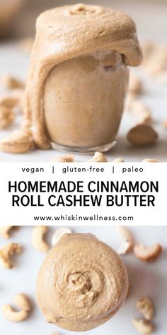 homemade cinnamon roll cashew butter in a glass jar with nuts scattered around it and the words, homemade cinnamon roll cashew butter