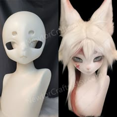 an alien doll with long white hair next to a fake human head wearing a cat mask