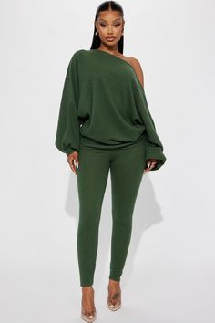 Available In Olive And Mauve. Hacci Pant Set Off Shoulder Oversized Leggings Elastic Waistband Stretch 65% Polyester 32% Rayon 3% Spandex Imported | Comfy Mood Legging Set in Olive Green size Small by Fashion Nova Women Lounge Wear Outfits, Dark Green Outfit, Olive Fashion, Cozy Pants, Dark Autumn, Pocket Leggings, Loose Tops, Womens Loungewear, Mens Activewear