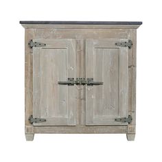 an old wooden cabinet with two doors and some metal handles on the door handle, isolated against a white background