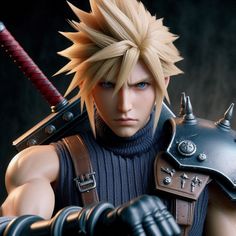 an action figure holding two swords in his hand and wearing armor with spikes on it