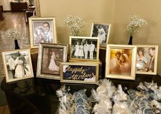 a table topped with framed pictures and candies