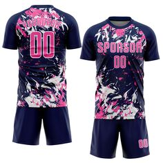 a soccer uniform with pink and blue paint splattered on the front, side and back