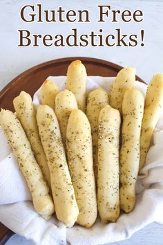 gluten free breadsticks on a plate with text overlay