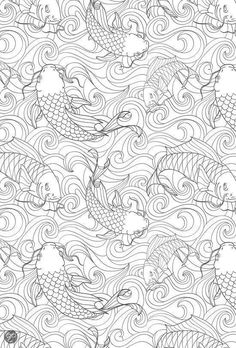 a black and white pattern with fish swimming in the ocean, on top of waves