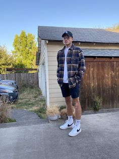 Nike Blazer Summer Outfit Men, Flannel Shorts Outfit Men, Conrad Fisher Inspired Outfits, Men’s Street Style Summer, Nike Blazer Outfit Men Shorts, Nike Blazer Shorts Outfit, Good Guy Outfits, Summer Outfits With Flannels, Florida Fashion Men