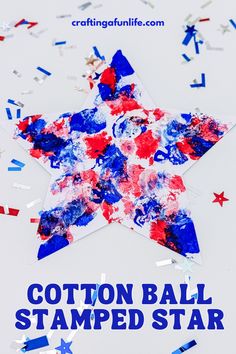 a patriotic star made out of red, white and blue paper with the words cotton ball stamped on it