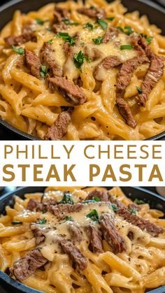 two pictures of pasta with beef and cheese in a skillet, one is being cooked