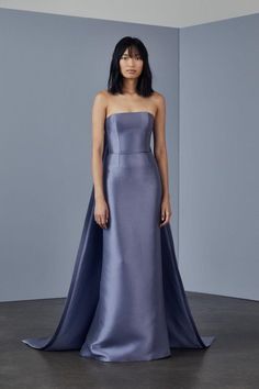 Style P371M: Mikado strapless gown with column skirt and watteau streamer. by Amsale Evening Morristown, NJ Amsale Bridesmaid, Amsale Dress, Peplum Gown, Ellie Saab, Column Skirt, Blue Gown, Column Gown, Strapless Gown, Satin Gown