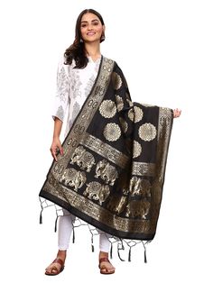 PRICES MAY VARY. Banarasi Silk No Closure closure CRAFTED IN: India, MATERIAL: Banarasi silk, SIZE: 92"L x 36"W inches or in Cms 235 x 92(L x W) or 7.6 Feet x 3 Feet (L x W). The choice of vibrant colour play and a sensational mix with tassels makes this dupatta /Scarf/Shawl/Wrap simply irresistible! It will pair beautifully with different salwar kameez and kurties/Tops or Lehengas for exalting lavish elegance and rich look. Package Content: 1 Dupatta only. A perfect gift for women and girls for Brands Fashion, Simply Irresistible, Fashion Scarves, Woman Weaving, Silk Dupatta, Shawl Wrap, Salwar Kameez, Scarf Styles, Scarf Shawl