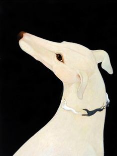 a painting of a white dog wearing a collar and looking off into the distance with black background