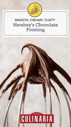 a close up of a chocolate frosting on top of a metal whisk