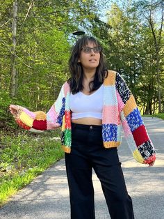 Winter Multicolor Chunky Knit Cardigan, Chunky Rainbow Cardigan, Oversized Long Sleeve Color Block Cardigan, Oversized Multicolor Color Block Cardigan, Oversized Soft Knit Multicolor Cardigan, Patchwork Cardigan, Tiktok Fashion, Exclusive Clothing, Chunky Knit Cardigan