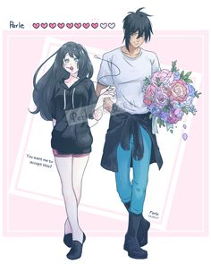 an anime character is walking next to another character with flowers in their hand and holding hands