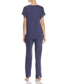 A heathered short-sleeve top and pants set with floral lace trim from Natori. Spring Sets With Lace Trim And Short Sleeves, Spring Lace Trim Short Sleeve Set, Spring Short Sleeve Set With Lace Trim, Spring Short Sleeve Sets With Lace Trim, Casual Sleepwear With Lace Trim And Short Sleeves, Casual Short Sleeve Sleepwear With Lace Trim, Cotton Sets With Lace Trim And Short Sleeves, Cotton Short Sleeve Sets With Lace Trim, Cotton Lace Trim Sets With Short Sleeves