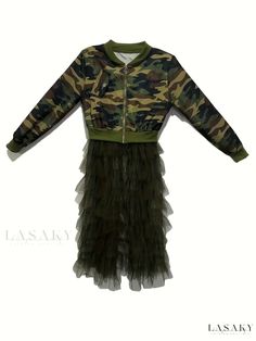 Lasaky - Vintage Camo Print Mesh Ruffle Trim Splicing Jacket with Zipper Front - Long Sleeve Midi Outwear for Spring and Fall, Womens Fashion Stretch Patchwork Outerwear For Fall, Fall Stretch Patchwork Outerwear, Fall Womens Fashion, Jacket With Zipper, Long Sleeve Midi, Camo Print, Sleeve Detail, Spring And Fall, Ruffle Trim