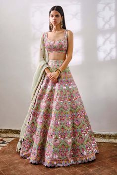 Aneesh Agarwaal-Green Vases Lehenga Set-INDIASPOPUP.COM Indian Trending Outfits, Indian Lehenga Modern, Choli Ideas, Aneesh Agarwaal, Wedding Lengha, Indian Fits, Green Vases, Indian Closet, Indian Bridesmaid Dresses