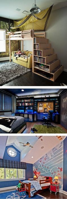 there are two pictures of the same room in this house, and one has a loft bed