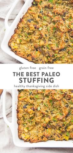 the best paleo stuffing recipe in a white casserole dish with text overlay