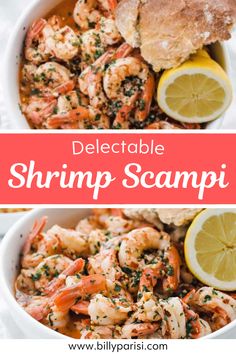 shrimp scampi in a white bowl with lemon wedges