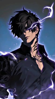 an anime character with black hair and lightning in the background