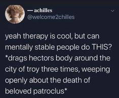 a woman with blonde hair on her face and text that reads, yeah therapy is cool, but can mentally stab people do this? drags actors body around the city