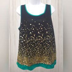 Beautiful Top Works Well For Casual Or Business Stretchy Material Gold Sequin Throughout Front Back Is Solid Black With Green Silk Trim Chest Measures 22" (Will Stretch More) Length Measures 26" Womens Abs, Ab Studio, Gold Sequin, Green Silk, Stretchy Material, Solid Black, Sleeveless Top, Sequin, Womens Tops