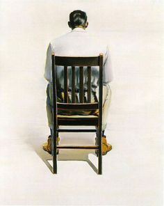 a painting of a man sitting in a chair with his back turned to the camera