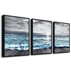 three canvases with the ocean and birds flying in the sky