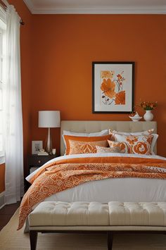 a bedroom with orange walls and white bedding in the center, along with an upholstered bench