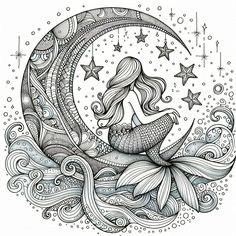 a drawing of a mermaid sitting on the moon with stars and swirls around it