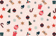 a pink background with christmas ornaments and snowflakes on it's sides,