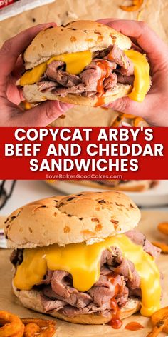 Copycat Arby's Beef and Cheddar Sandwiches pin collage Copy Cat Arbys Beef N Cheddar, Best Takeout Food, Kneaders Sandwiches, Pot Luck Sandwich Ideas, Panini Dinner Ideas, Foods You Can Make At Home, Arbys Beef And Cheddar Crockpot, Easy Arbys Beef And Cheddar, Arbys Beef And Cheddar Easy