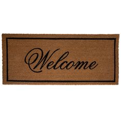 a welcome mat with the word welcome written on it in black ink, against a white background