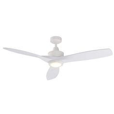 a white ceiling fan with two lights on top of the blades and one light at the end