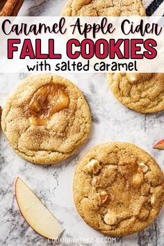 caramel apple cider cookies with salted caramel on the top and bottom