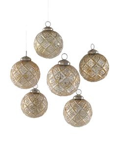 six glass ornaments hanging from the ceiling