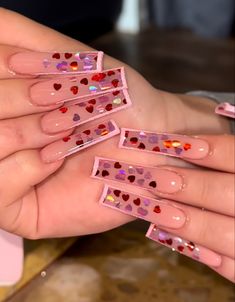 Xl Valentines Day Nails, Encapsulated Heart Nails, Valentine’s Nails, Acrylic Nails Aesthetic, Cute Valentines Nails, Nails Painting, Marble Acrylic Nails, Short Coffin Nails Designs, Purple Acrylic Nails