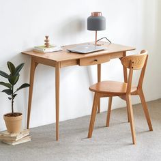 a wooden desk with a laptop on it and a potted plant next to it