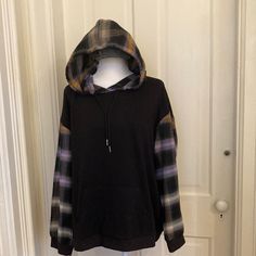 X Versusa, Black Hoodie With Soft Flannel Knit Sleeves With Matching Hoodie, Kangaroo Pocket, This Is Quite The Statement Piece, Size Xl, New With Tags, Goth, Academia, Goth Academia, Flannel Hoodie, Knit Sleeve, New Wardrobe, Soft Flannel, Black Tan, Black And Tan, Black Hoodie, Kangaroo Pocket